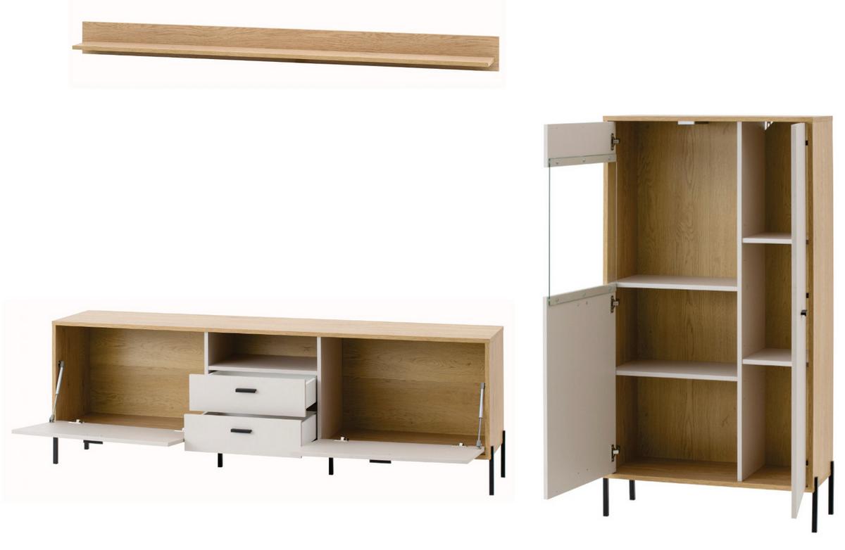 WOHNWAND Kaschmir, Eiche 285 cm 3-teilig, Wohnkombination mit Soft-Close - Kaschmir/Eichefarben, Glas/Holzwerkstoff (285/170/40cm) - Furn.Design