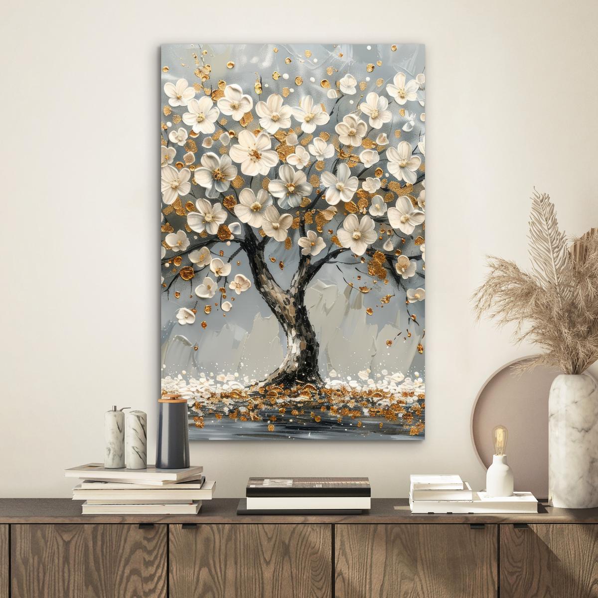 METALLBILD Baum - Blumen - Weiß - Natur - Kunst Deko Schlafzimmer 40x60 cm - Weiß, Metall (40/60cm) - MuchoWow