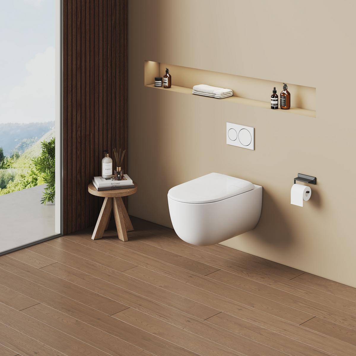 WAND-WC Set 55,5 x 36,5 cm inkl. WC-Sitz mit Absenkautomatik weiß glänzend - Weiß, Keramik (36.5/36/55.5cm) - EMKE