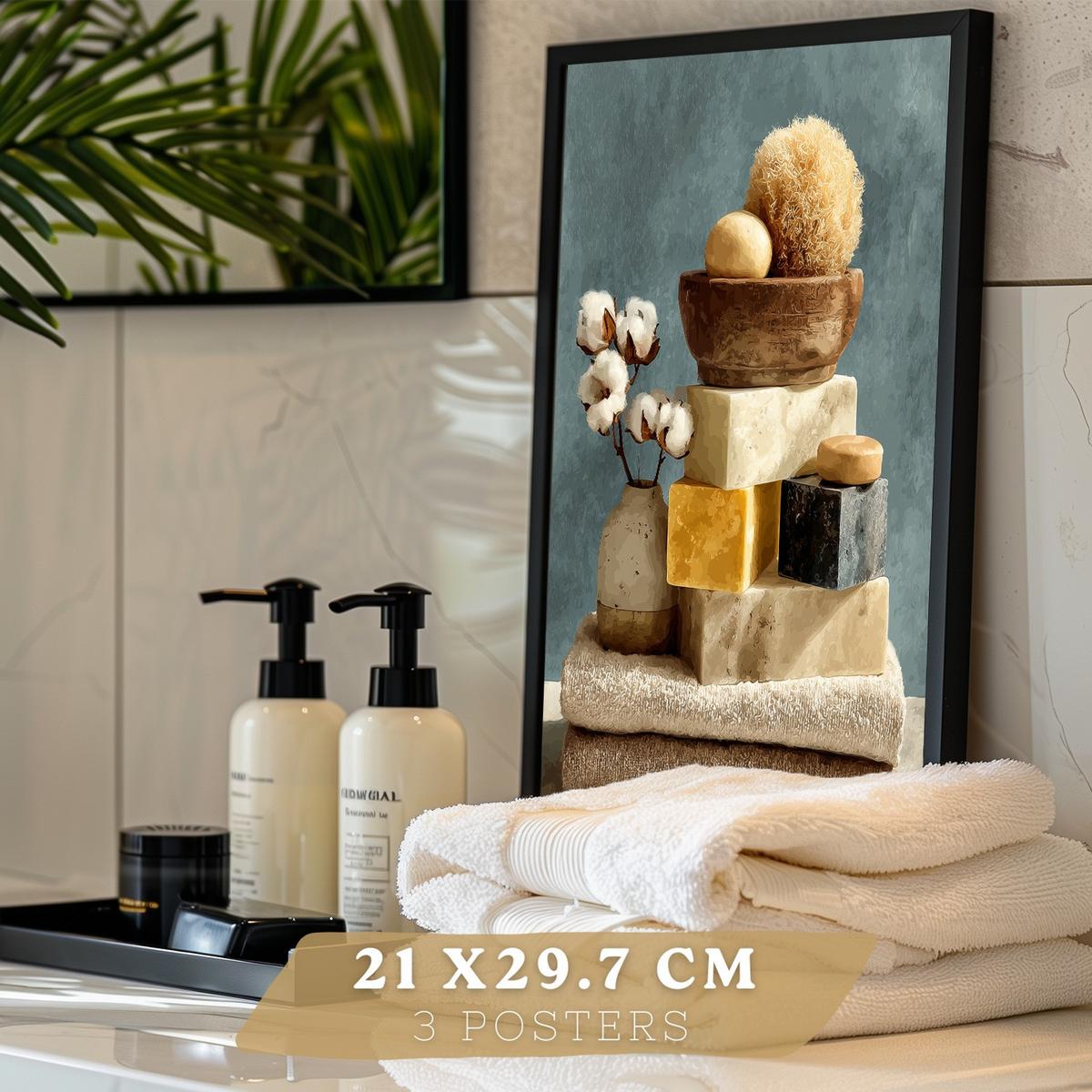 POSTER 3er-Set dekorative Badezimmer-Wandbilder und für Waschbecken, Dusche, WC mit Kerzen, Seifen und Blumen, farbenfroher Schwarzer Rahmen A4 - Schwarz, Papier (29.7/21/3cm) - Nacnic