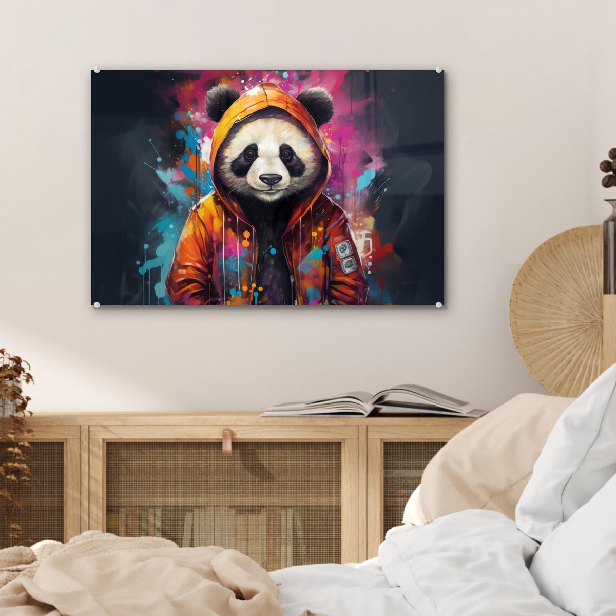 ACRYLGLASBILD Panda - Jacke - Graffiti - Orange Wanddeko 60x40 cm - Orange, Glas (60/40cm) - MuchoWow