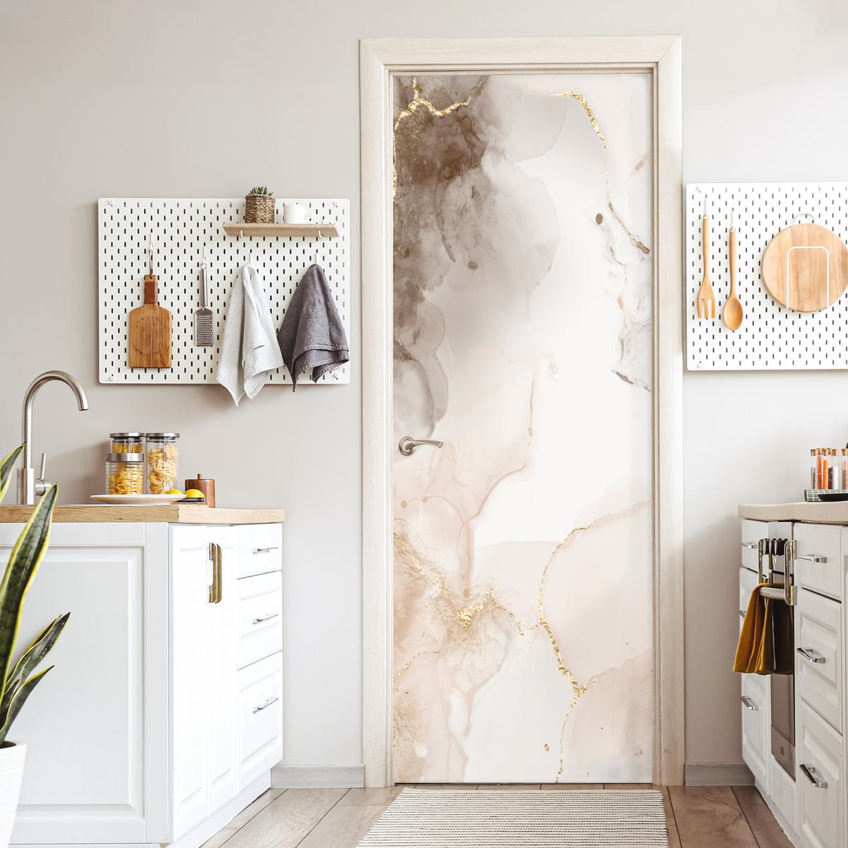TÜRAUFKLEBER Marmor - Braun - Linie 90x235 cm - Türtapete - Champagner, Kunststoff (90/0.1cm) - MuchoWow