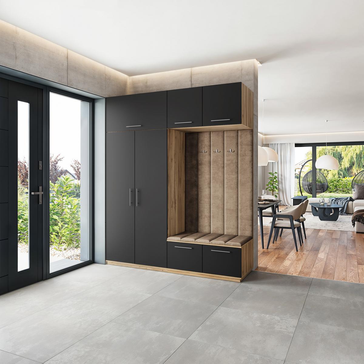GARDEROBENSCHRANK REMA 200/240/60 cm Modern Garderobe-Set Eiche Wotan - Eiche Wotan/Schwarz, Holzwerkstoff (200/240/60cm) - MASSENO