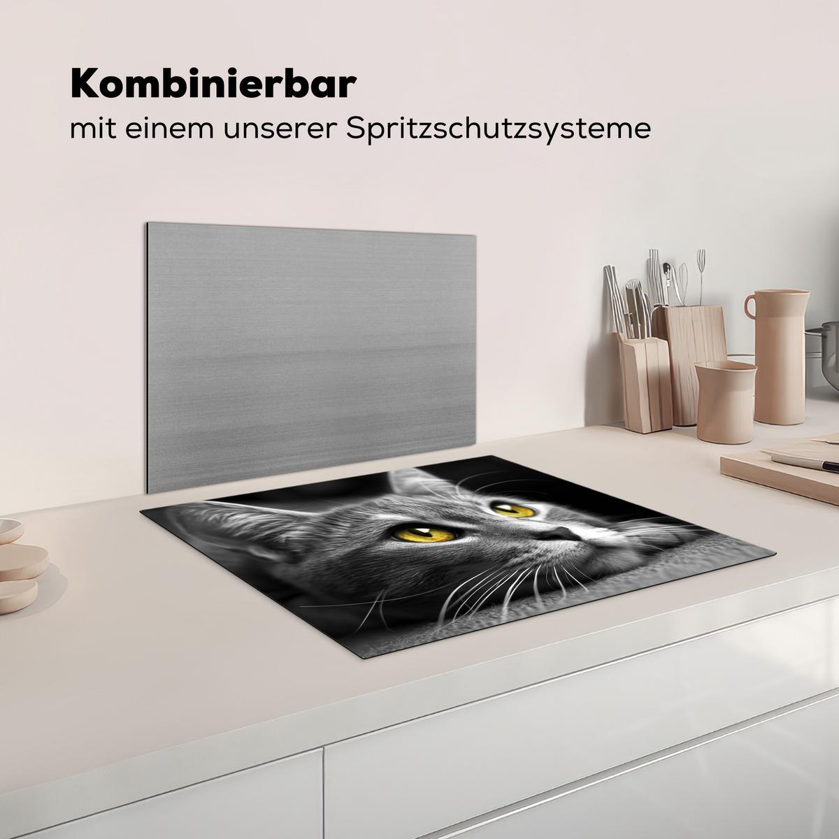 HERDABDECKPLATTE Katze - Grau - Tiere - Katze Herdabdeckung Induktionsfeld 65x52 cm - Grau, Kunststoff (65/52/0.2cm) - MuchoWow