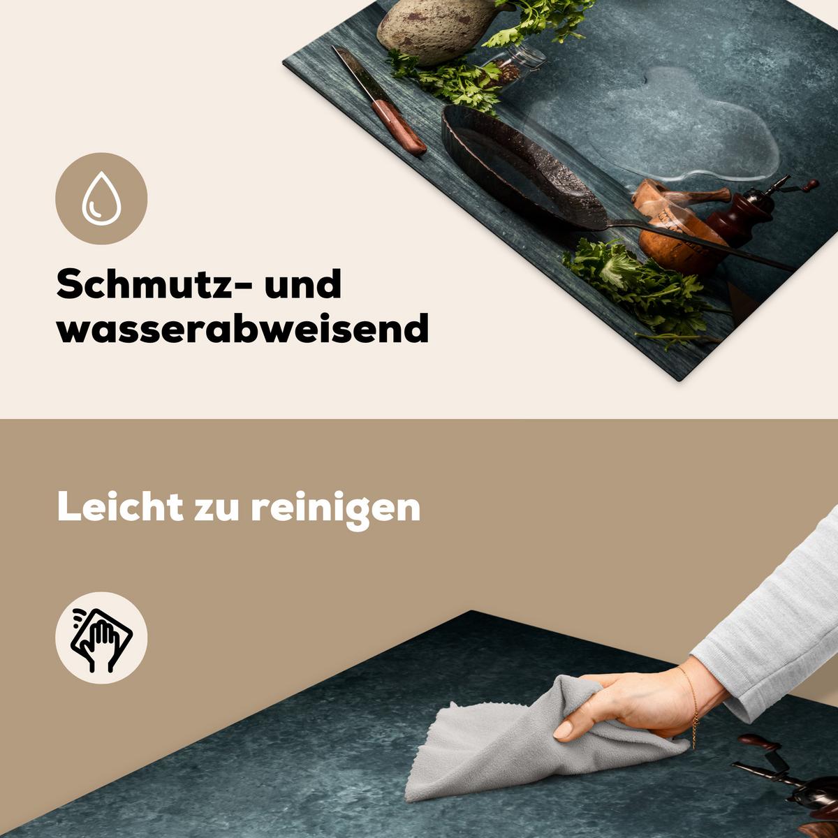 HERDABDECKPLATTE Kräuter - Gewürze - Pfanne - Messer - Grau - Rustikal Herdabdeckung Induktionsfeld 70x52 cm - Petrol, Kunststoff (70/52/0.2cm) - MuchoWow