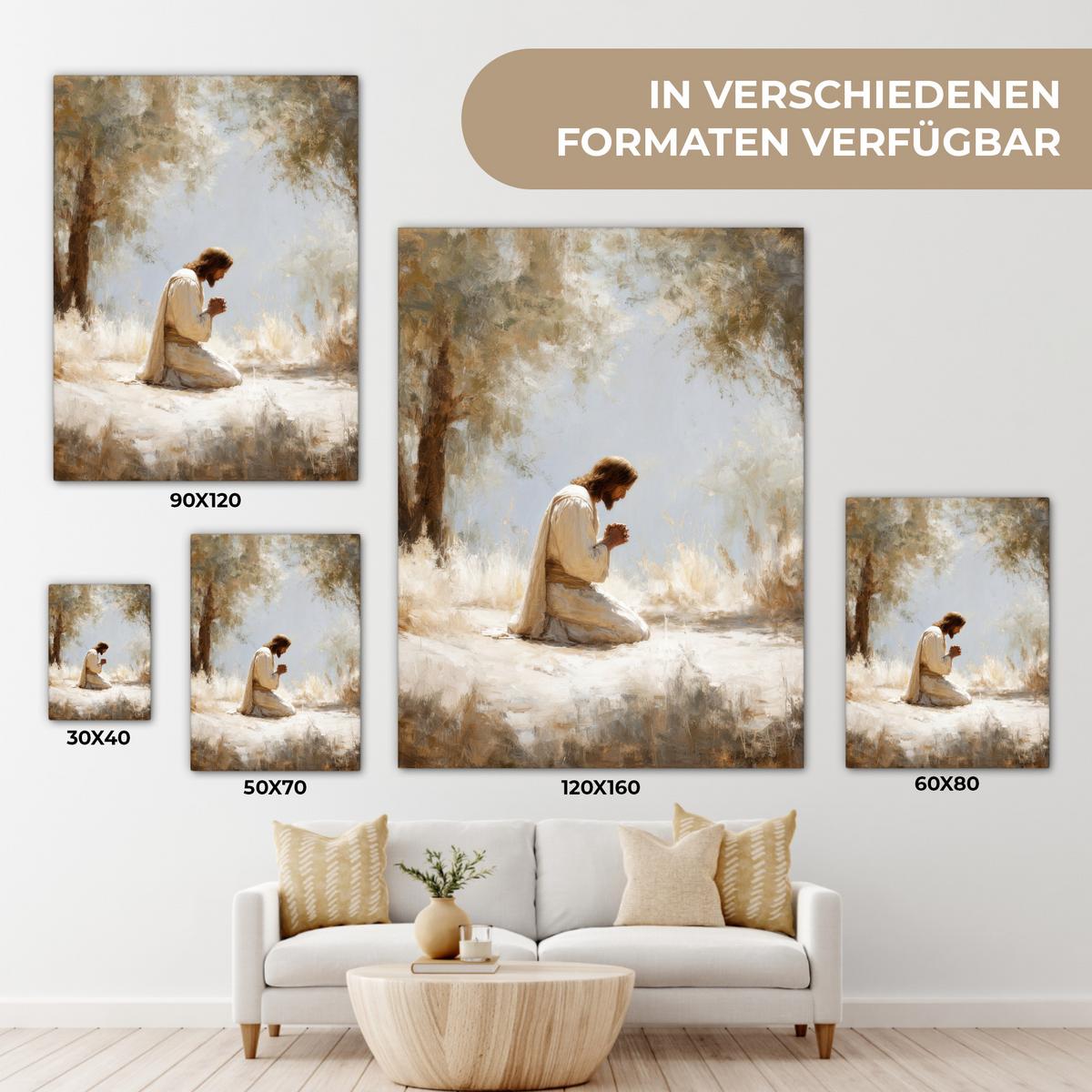 LEINWANDBILD Jesus - Kniend - Waldlandschaft - Betend Wandbild Wohnzimmer 60x80 cm - Beige/Hellblau, Textil (60/80cm) - MuchoWow