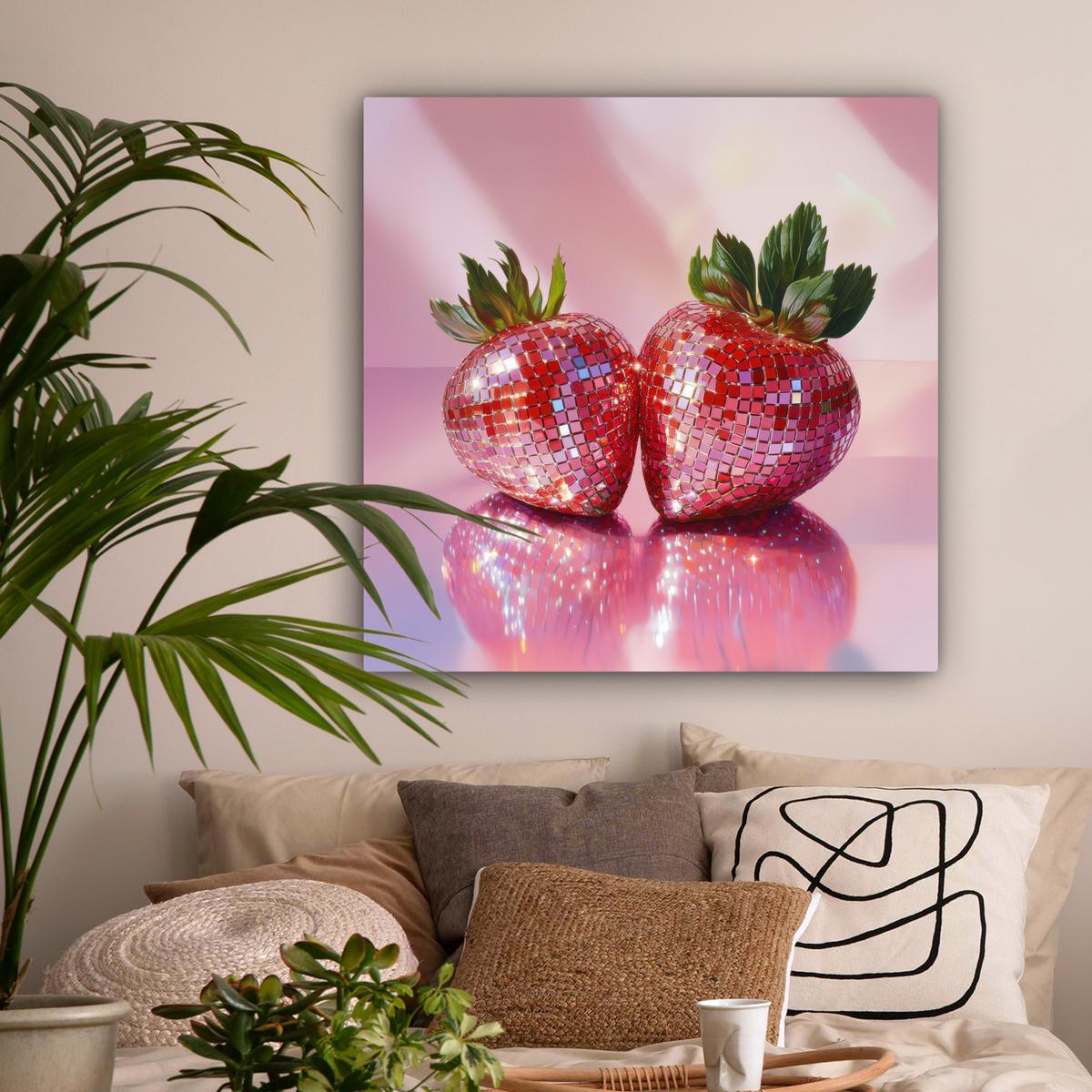LEINWANDBILD Disco - Obst - Glitzer - Erdbeere Deko Groß 90x90 cm - Pink, Textil (90/90cm) - MuchoWow