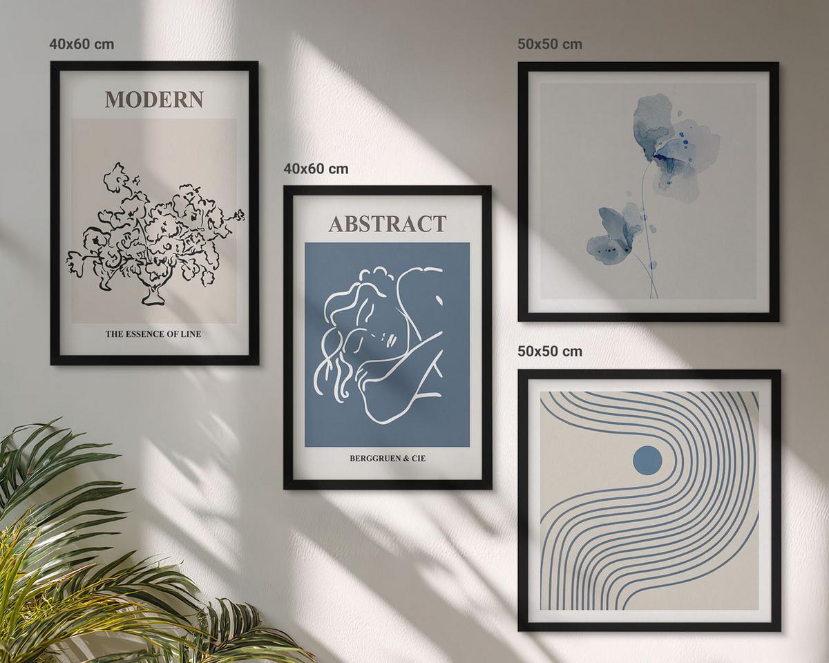 BILDER SET 4er Set - 50x50 cm & 40x60 cm Schwarzer Rahmen - abstrakte Poster mit Blumenlinien - Schwarz, Kunststoff (50/50cm) - TULUP