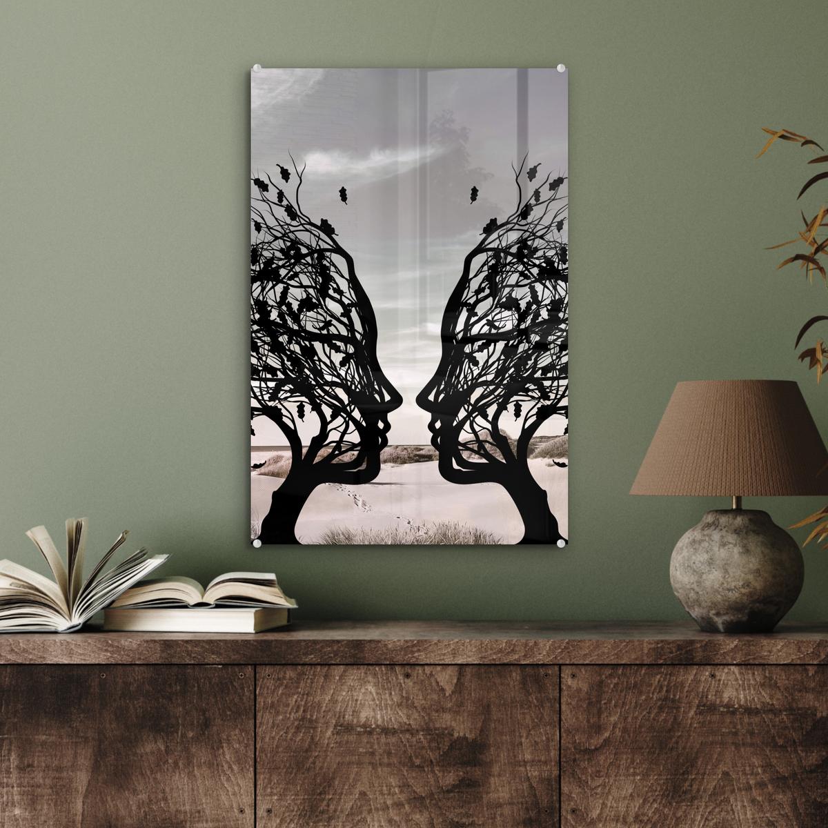 ACRYLGLASBILD Strand - Meer - Menschen - Baum - Moderne Kunst Wanddeko Wohnzimmer 40x60 cm - Hellgrau, Glas (40/60cm) - MuchoWow