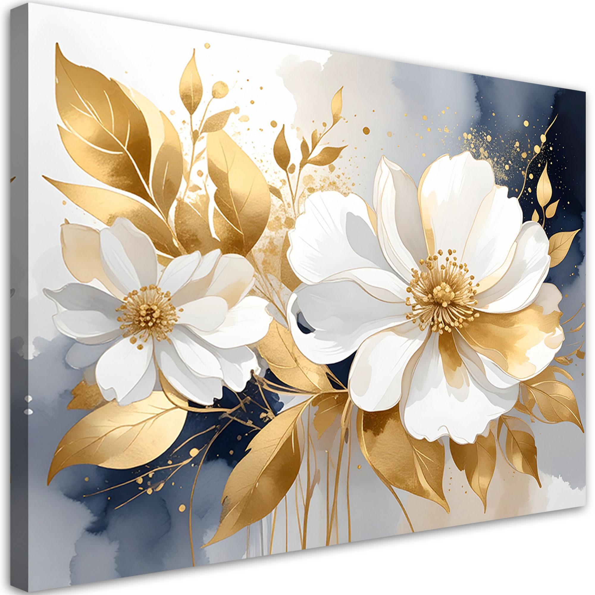 BILD auf Leinwand, Weiße Blumen und goldene Blätter - Weiß, Textil (45/30cm) - Feeby