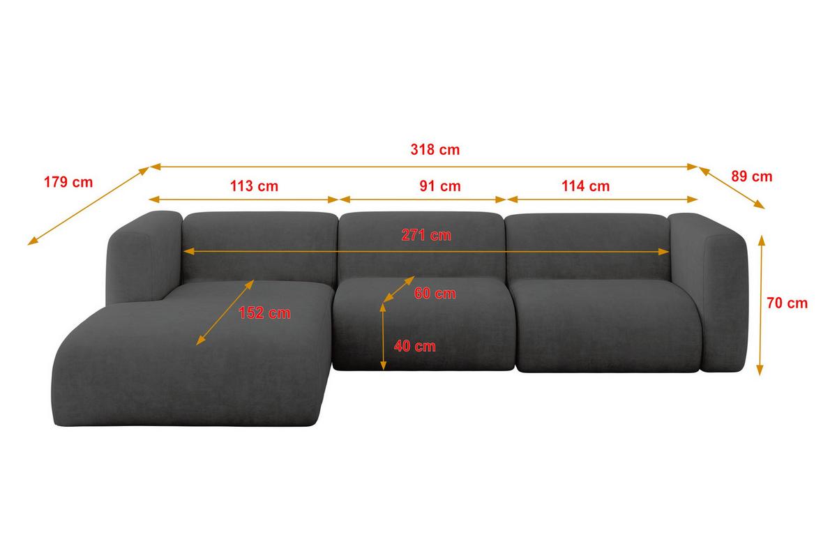 ECKSOFA Ottomane Links MIRA-L2 318x179x89 Dunkelgrau Velours - Dunkelgrau/Schwarz, Holzwerkstoff/Kunststoff (318/179cm) - ALTDECOR