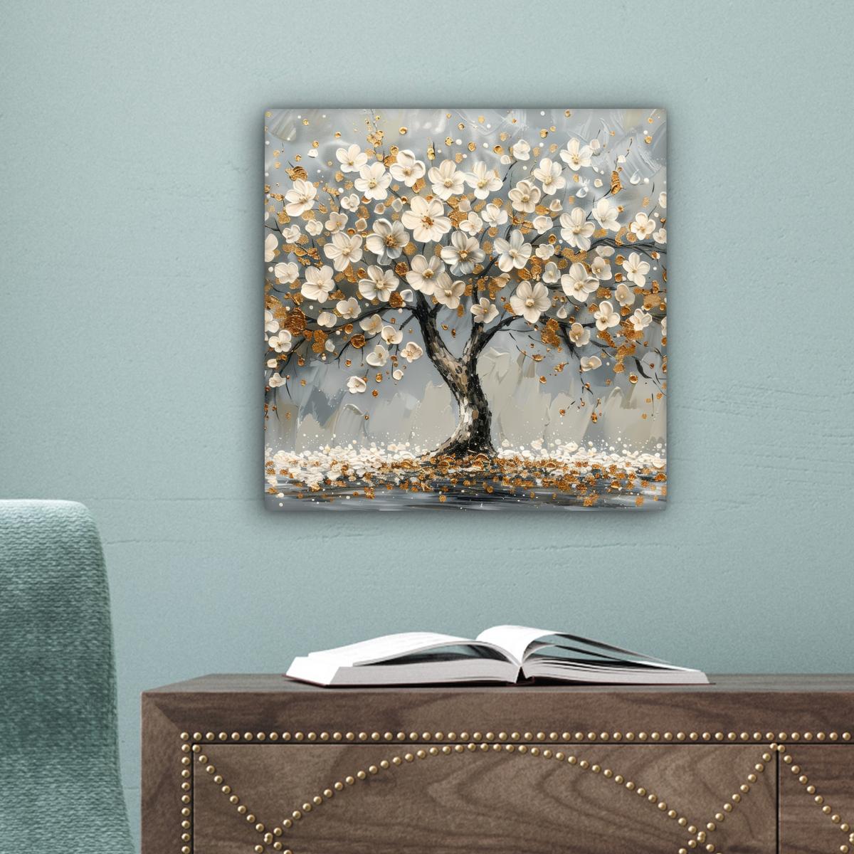 LEINWANDBILD Baum - Blumen - Weiß - Natur - Kunst Deko Wohnzimmer 20x20 cm - Weiß, Textil (20/20cm) - MuchoWow