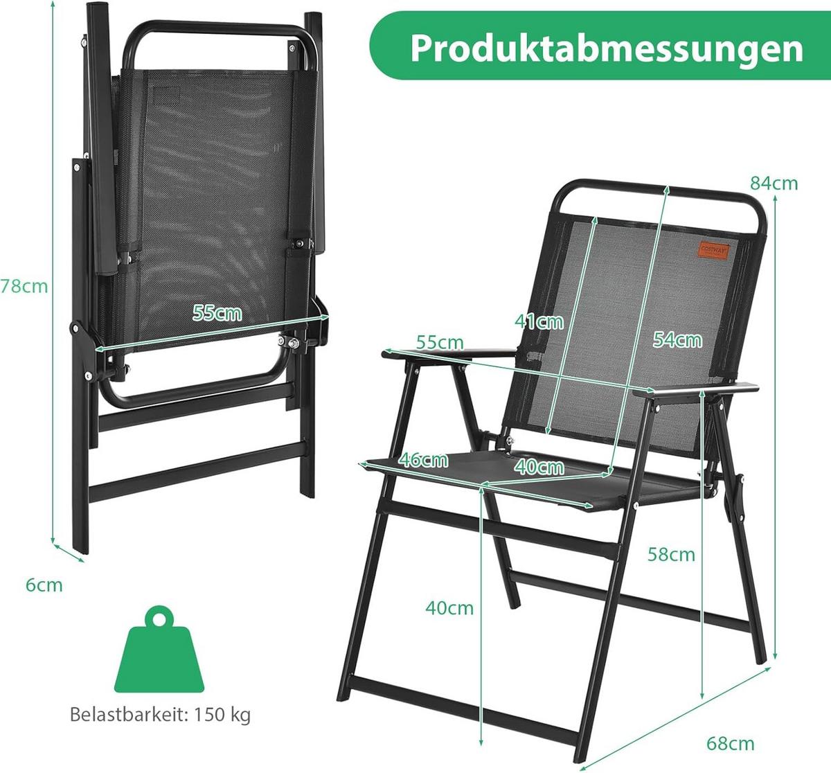 KLAPPSTUHL mit Armlehnen 4er-Set Schwarz - Schwarz, Metall (68/83/55cm) - COSTWAY
