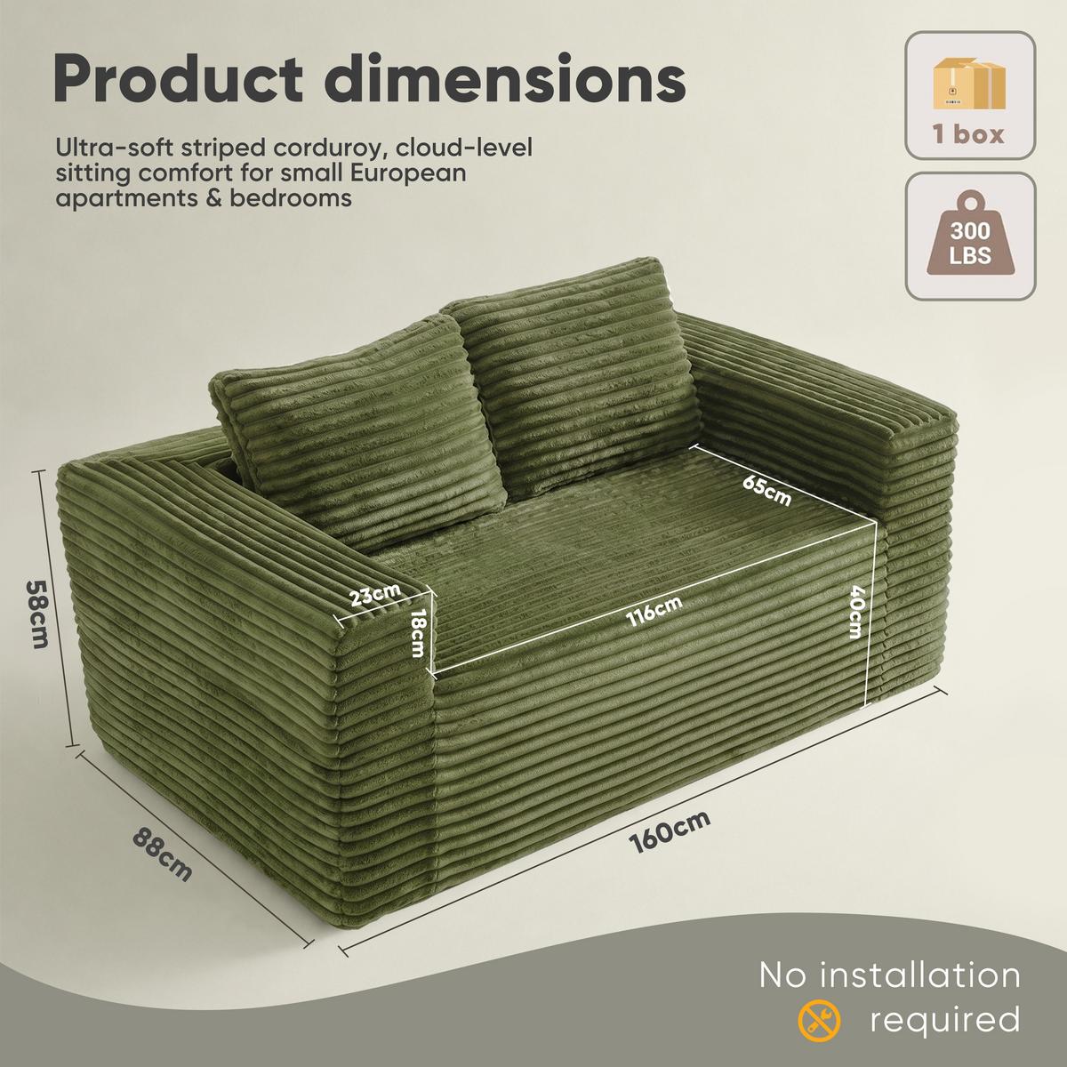 2-SITZER SOFA 160cm Cord-Sofa Bodensofa ohne Montage - Grün, Textil (160/58/88cm) - Urban Meuble