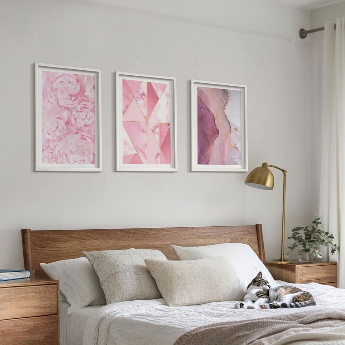 BILDER SET 3er Set - 40x60 cm Weißer Rahmen - Rosa geometrische Pfingstrosen - Weiß, Kunststoff (40/60cm) - TULUP