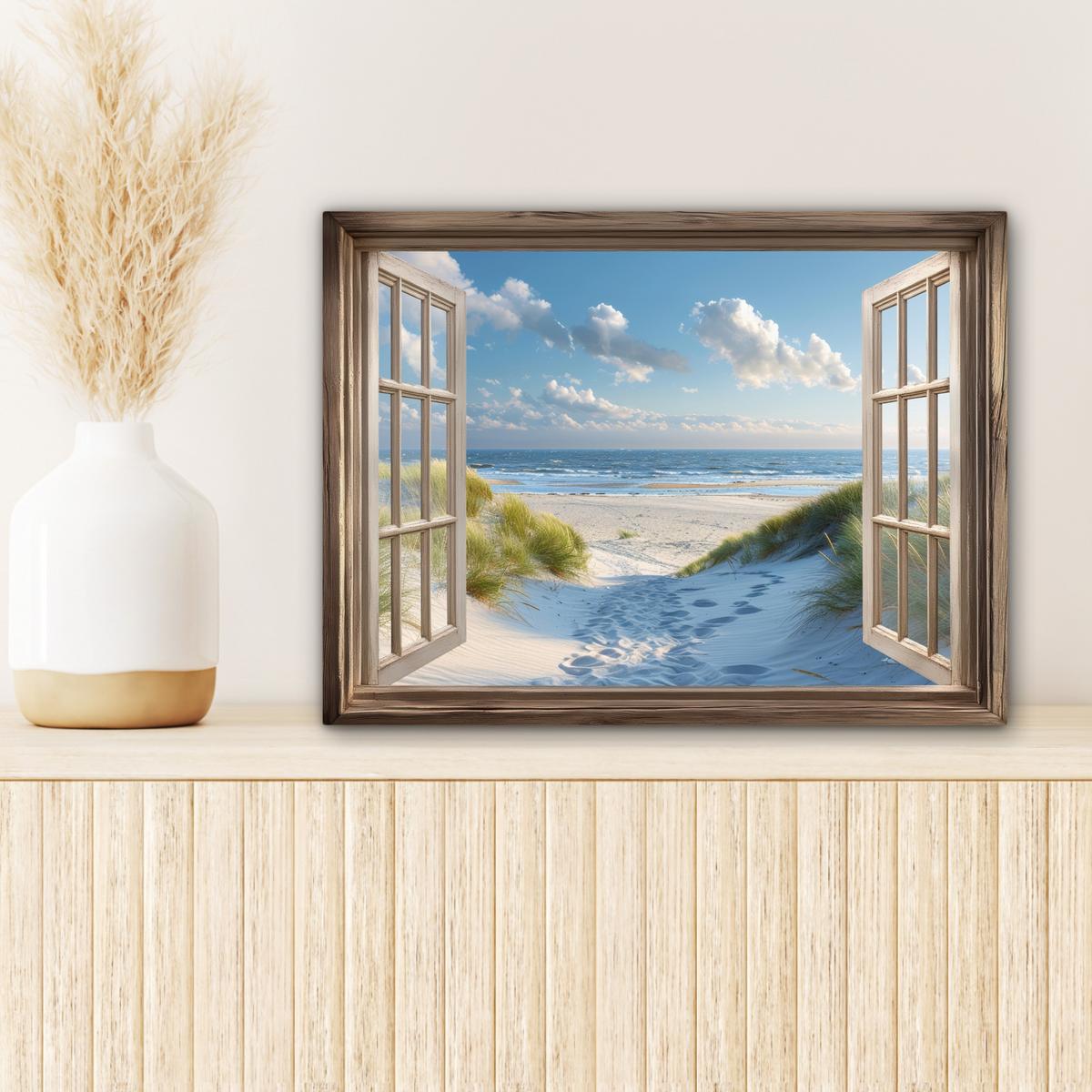 LEINWANDBILD Aussicht - Strand - Fenster - Dünen - Meer Wandbild 40x30 cm - Hellblau, Textil (40/30cm) - MuchoWow