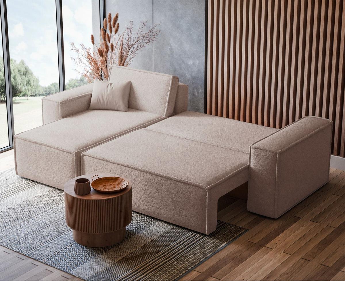 ECKSOFA Scarlo Hellbeige Bouclé-Bezug - Ecru/Schwarz, Kunststoff/Textil (244/145cm) - Selsey