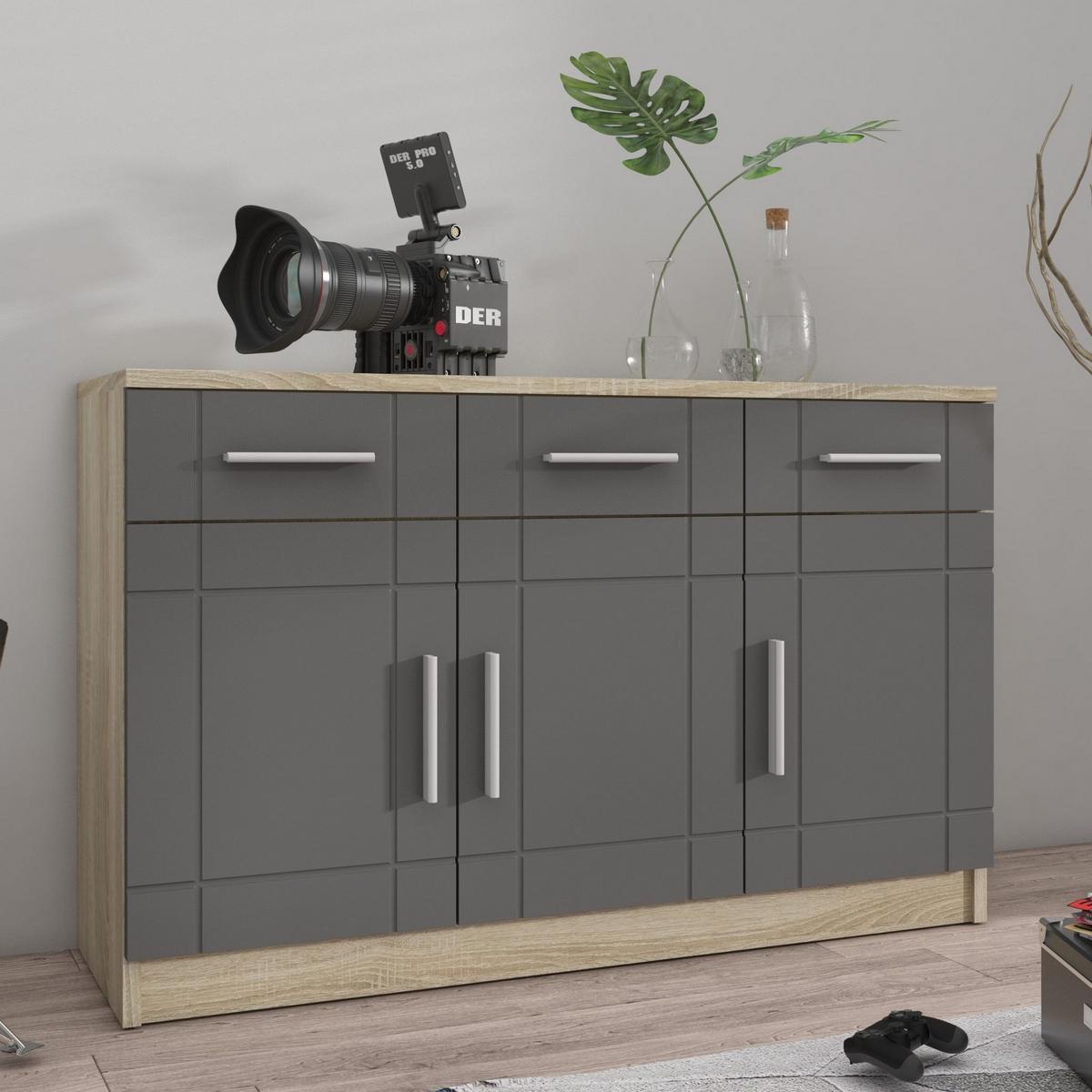 KOMMODE PERUGIA 103/70/37 cm mit 3 Schubladen 3 Türen Sonoma Eiche - Dunkelgrau/Graphitfarben, Holzwerkstoff (103/70/37cm) - MASSENO