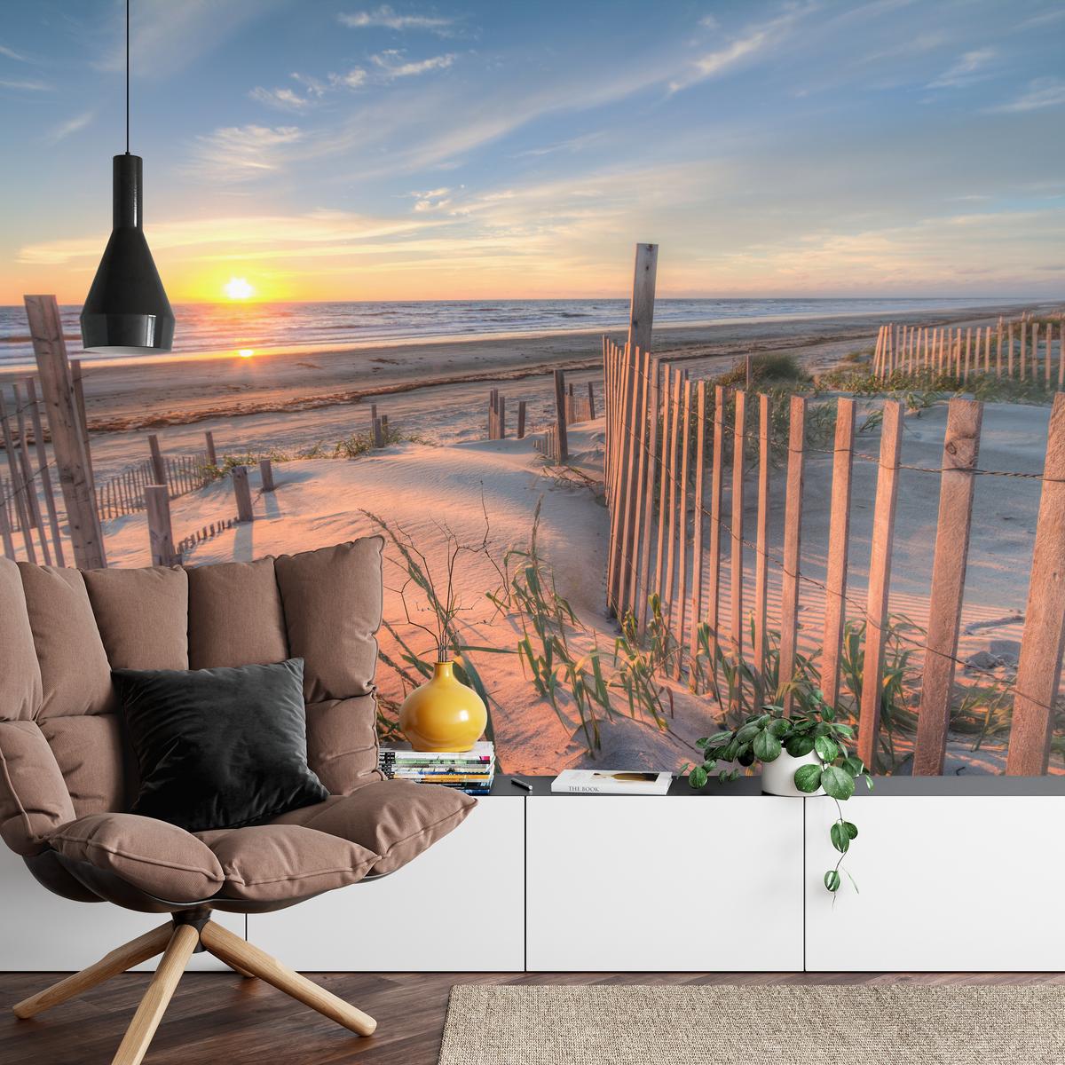 FOTOTAPETE für Wohnzimmer Sonnenaufgang Strand Meer Wellen Dünen 350x256 - Blau/Gelb, Papier (350/256cm) - Muralo