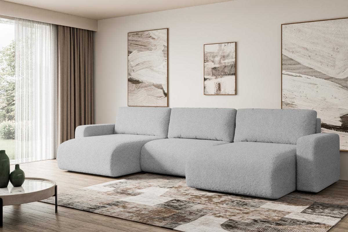 WOHNLANDSCHAFT mit Schlaffunktion und Bettkasten KLEEA-U - 347x143x83 cm Hellgrau Bouclé - Hellgrau/Schwarz, Holzwerkstoff/Kunststoff (347/83/143cm) - ALTDECOR