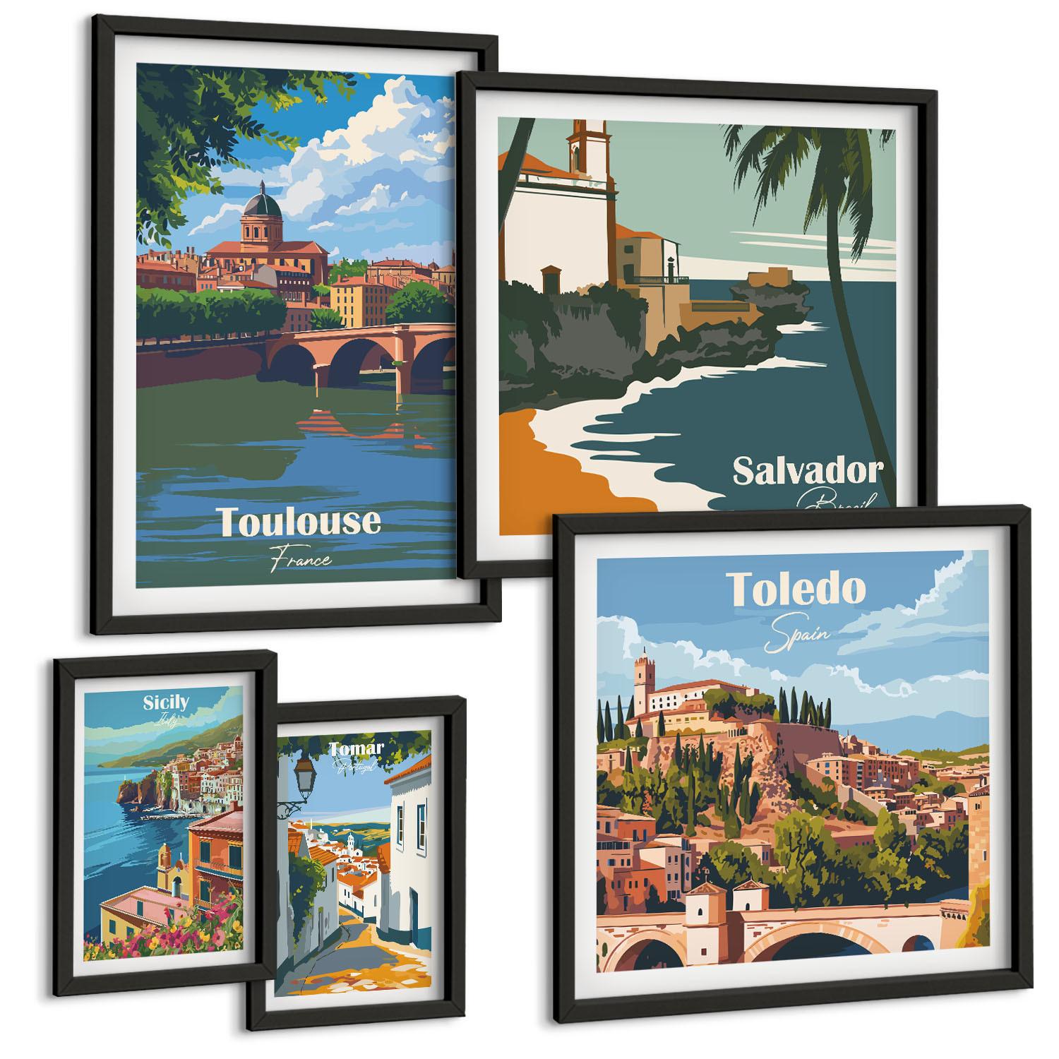 BILDER SET 5er Set - 50x50 cm & 20x30 cm & 40x60 cm Schwarzer Rahmen - Illustrationen zur Retro-Architektur der Berge - Schwarz, Kunststoff (40/60cm) - TULUP