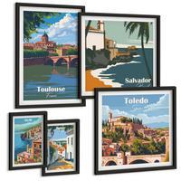 BILDER SET 5er Set - 50x50 cm & 20x30 cm & 40x60 cm Schwarzer Rahmen - Illustrationen zur Retro-Architektur der Berge - Schwarz, Kunststoff (40/60cm) - TULUP
