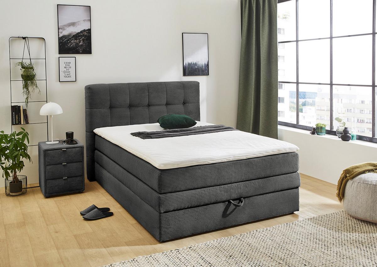 BOXSPRINGBETT 140x200 cm, 7-Zonen-Tonnentaschen-Federkernmatratze H3, Topper, Bonell-Federkern, großer Bettkasten, Cord Dunkelgrau / 20035 - Dunkelgrau/Schwarz, Kunststoff/Textil (140/200cm) - luma-home