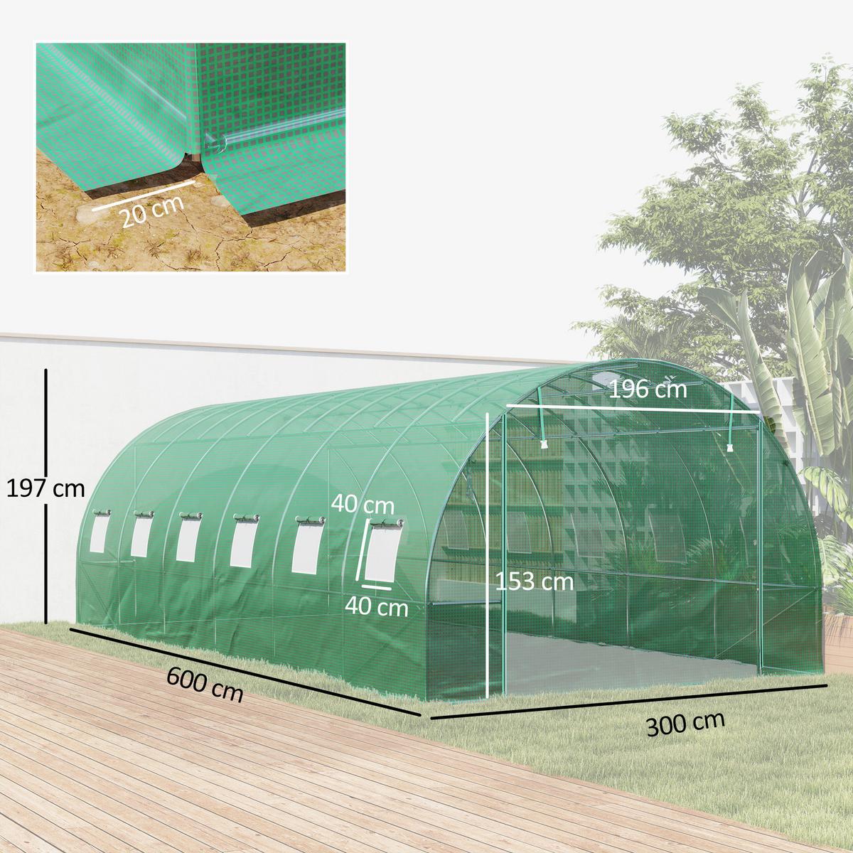 FOLIENTUNNEL, 600L x 300B x 197H cm - Grün, Kunststoff (300/197/600cm) - Outsunny