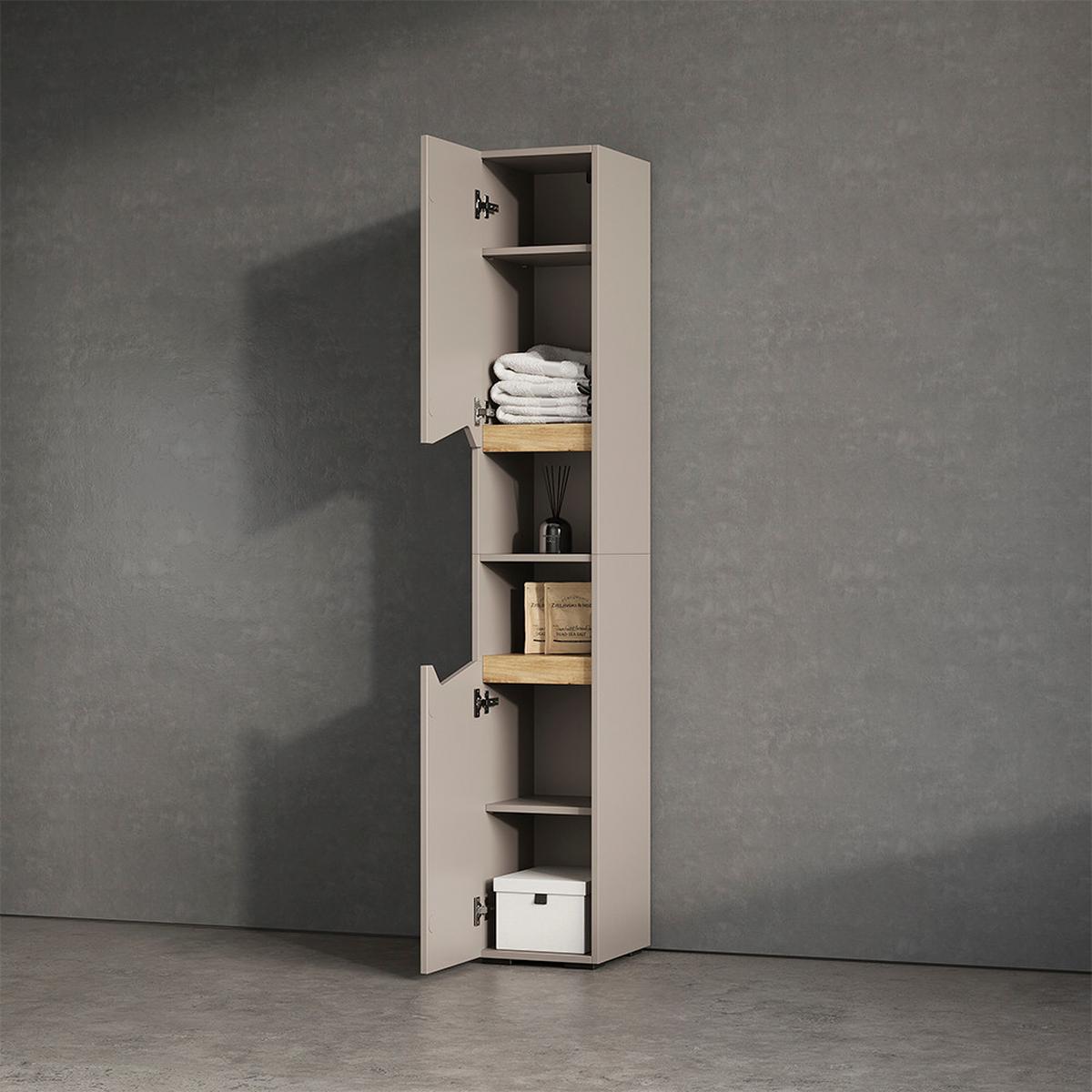 BADSCHRANK Timavo Greige 30 x 180 cm mit Türen, und offenen Fächern - Greige, Holzwerkstoff (30/180/35cm) - Livinity®