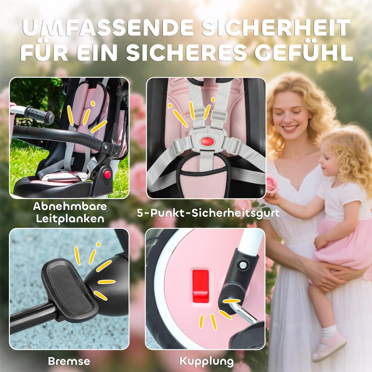 DREIRAD 6in1 mit Schubstange für 1-5 Jahre Kinderdreirad mit drehbarem Sitz Rosa - Rosa, Kunststoff (111.5/52/98cm) - AIYAPLAY