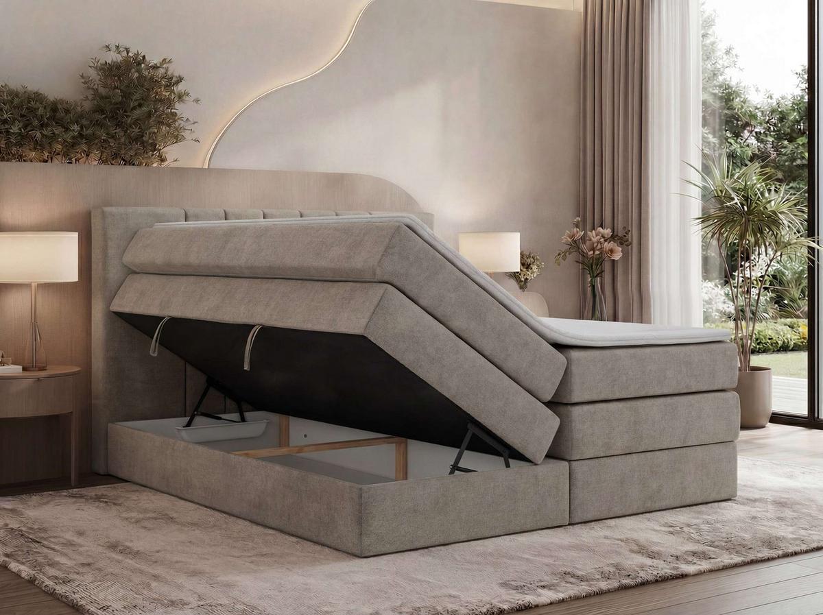 BOXSPRINGBETT INERO KING 140/200 - Greige Stukture - Topper Visco - H3 - Greige/Schwarz, Kunststoff/Textil (140/200cm) - MKS