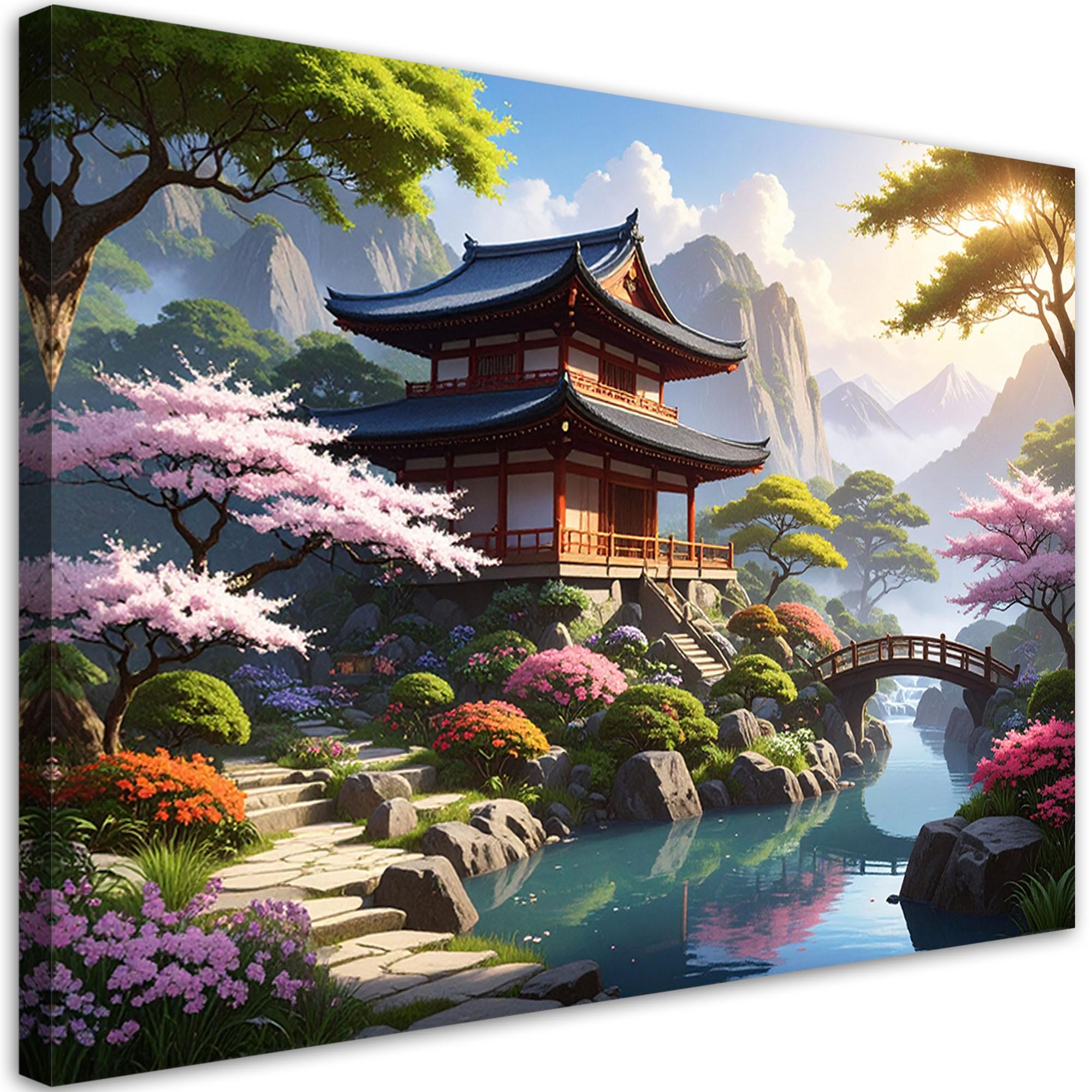 BILD auf Leinwand, Japanischer Garten Pagode Landschaft Natur - Multicolor, Textil (120/80cm) - Feeby