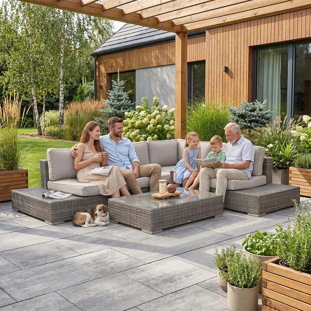 GARTENSET Firenze, aus Technorattan, Ecksofa und Kaffeetisch, für 4 Personen, Dunkelgrau - Dunkelgrau/Beige, Naturmaterialien - Beautysofa