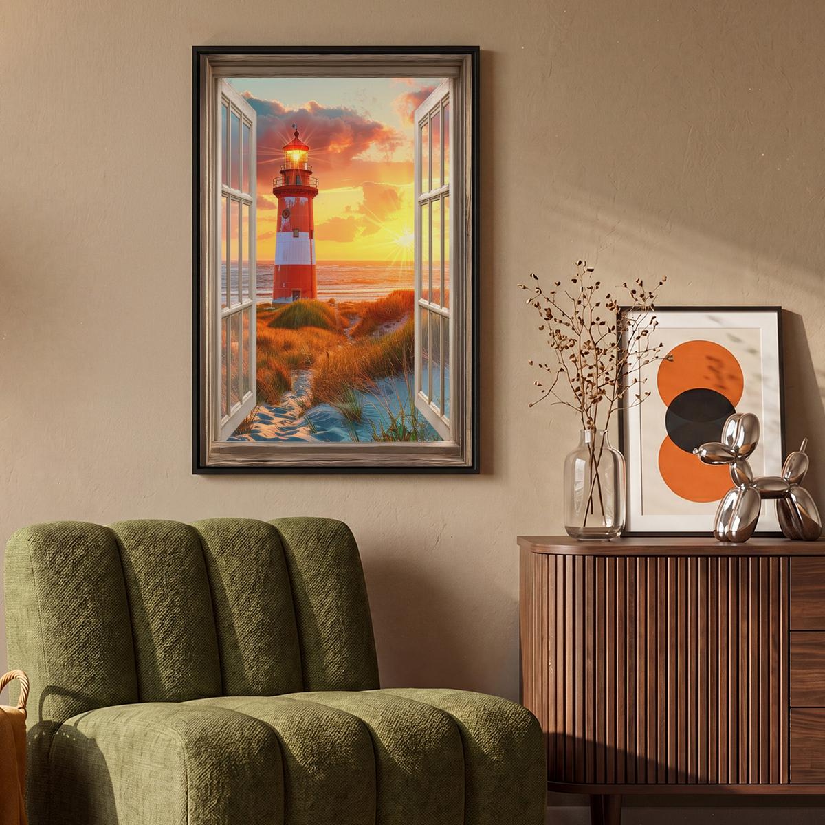 LEINWAND Bilder mit Rahmen - Aussicht - Fenster - Leuchtturm - Sonnenuntergang - Strand - 60x90 - Dunkelorange, Textil (60/90cm) - MuchoWow