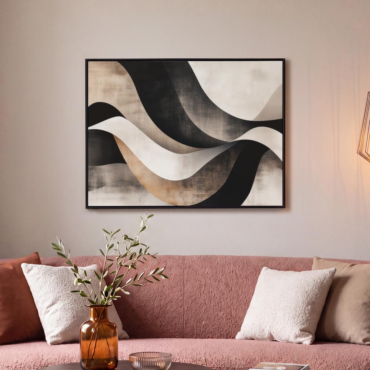 LEINWAND Bilder mit Rahmen - Abstrakt - Wellen - Schwarz - Verwittert - 70x50 - Trüffeleichefarben, Textil (70/50cm) - MuchoWow