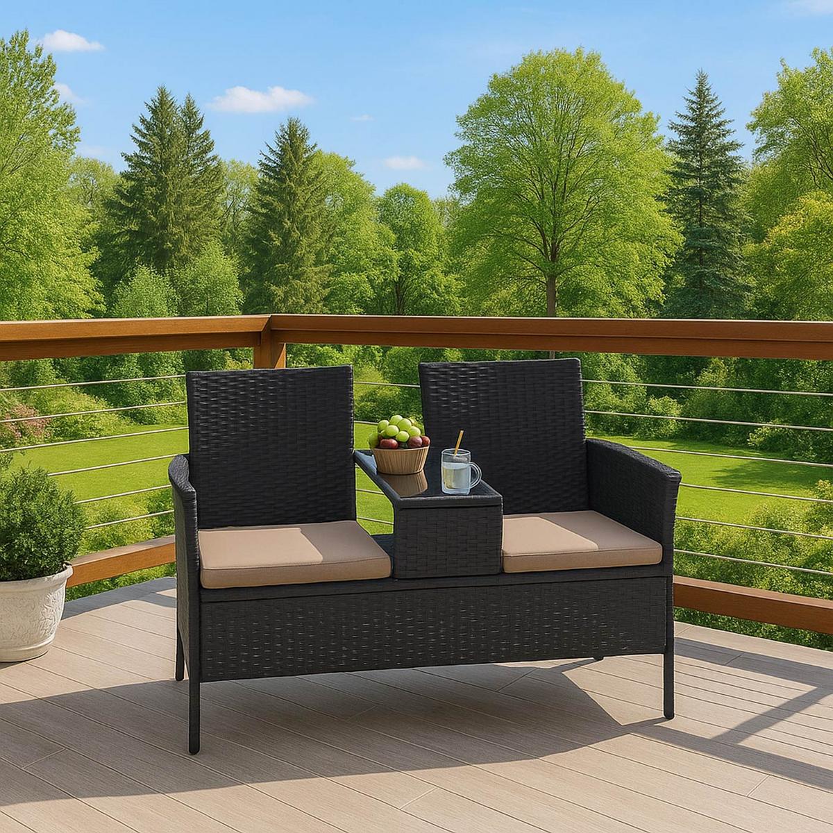 POLY-RATTAN SITZBANK Schwarz, Beige - Beige/Schwarz, Kunststoff (132/84/55cm) - MCW