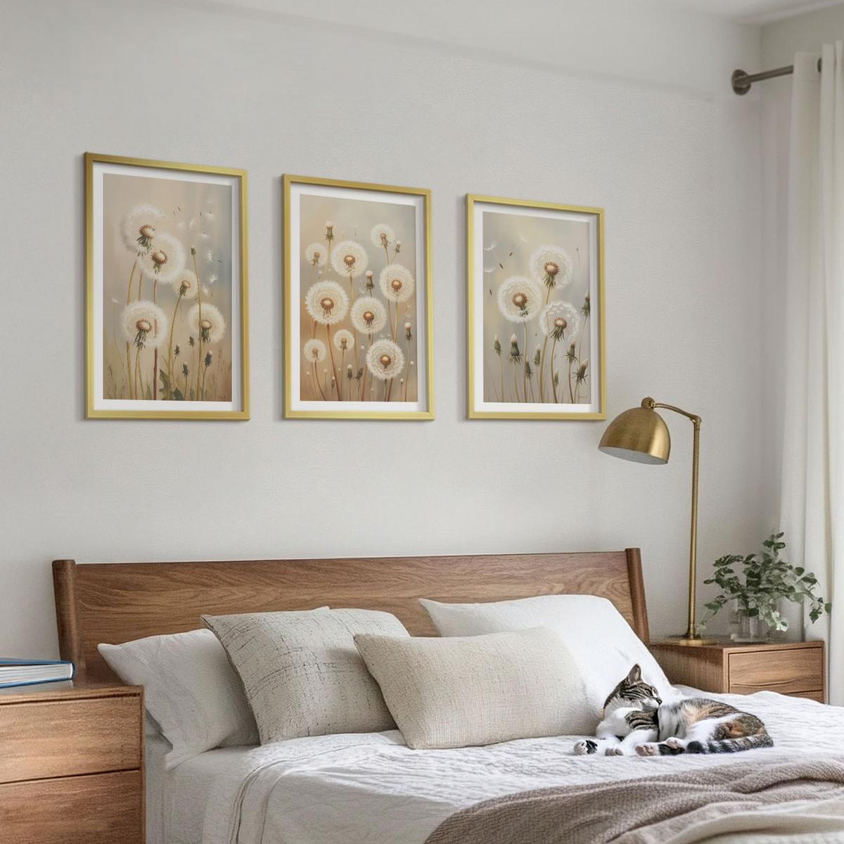 BILDER SET 3er Set - 40x60 cm Goldrahmen - Weiße Löwenzahnblüten auf hellem Hintergrund - Goldfarben, Kunststoff (40/60cm) - TULUP