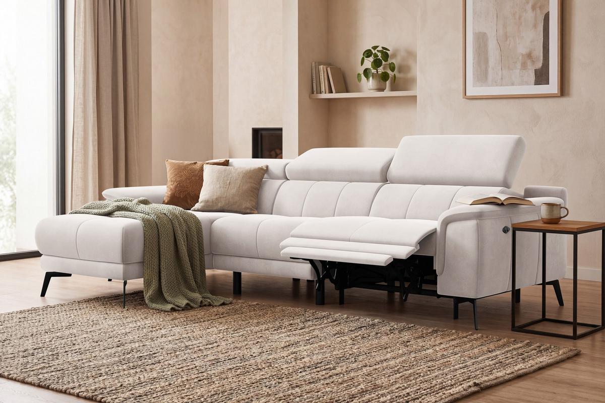 ECKSOFA FIERO 4-Sitzer LINKS, Beiger Veloursstoff - Beige/Schwarz, Holz/Textil (288/170cm) - Courtois Laville