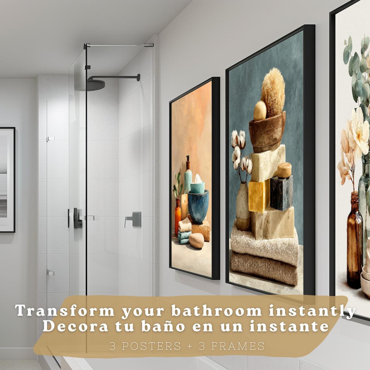 POSTER 3er-Set dekorative Badezimmer-Wandbilder und für Waschbecken, Dusche, WC mit Kerzen, Seifen und Blumen, farbenfroher Schwarzer Rahmen A4 - Schwarz, Papier (29.7/21/3cm) - Nacnic