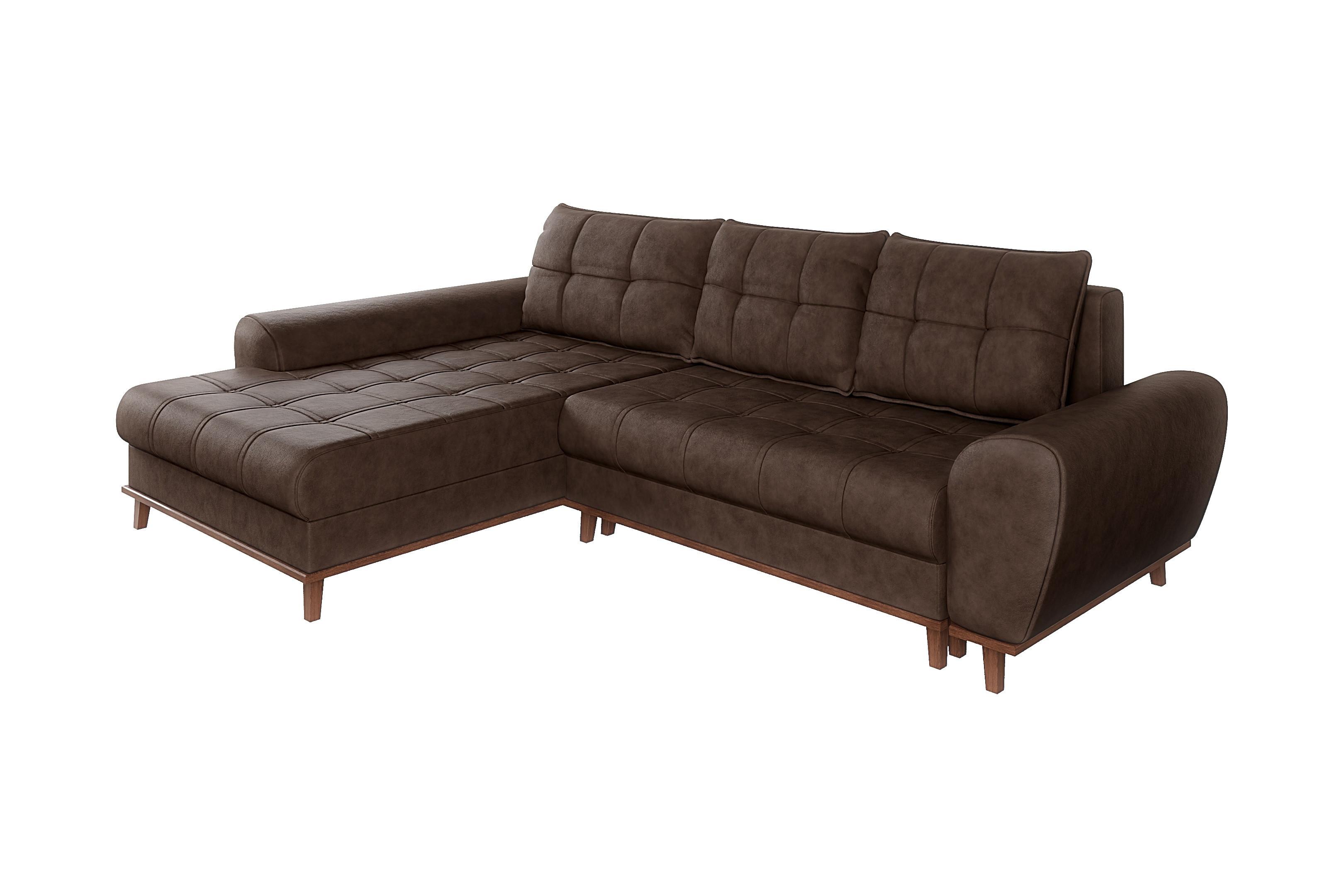 ECKSOFA im Scandi-Stil, Schlaffunktion, Bettkasten B268/T175/H86 cm, Ottomane links, Liegefl. 128x209 cm, Mikrofaserstoff in Vintage Braun / 21018 - Wildeiche/Eiche Bianco, Holz/Textil (268/175cm) - luma-home