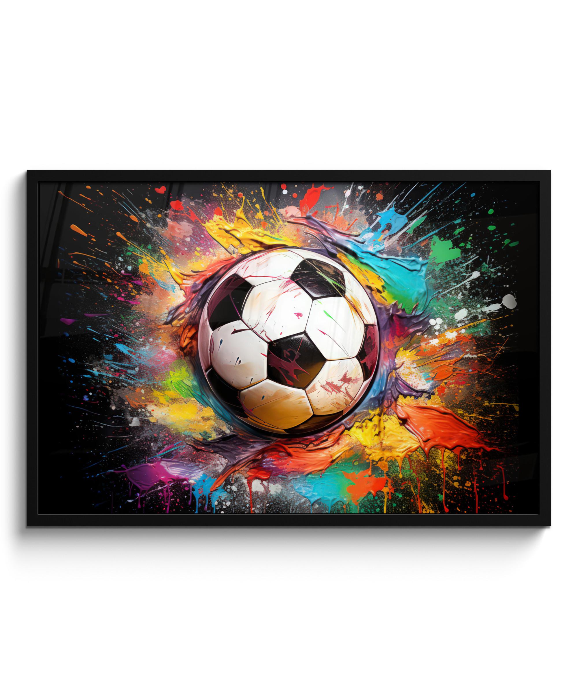 POSTER MIT RAHMENGERAHMTES BILD Fußball - Farbe - Farben - Schwarz - Weiß 90x60 cm - Weiß, Papier (90/60cm) - MuchoWow