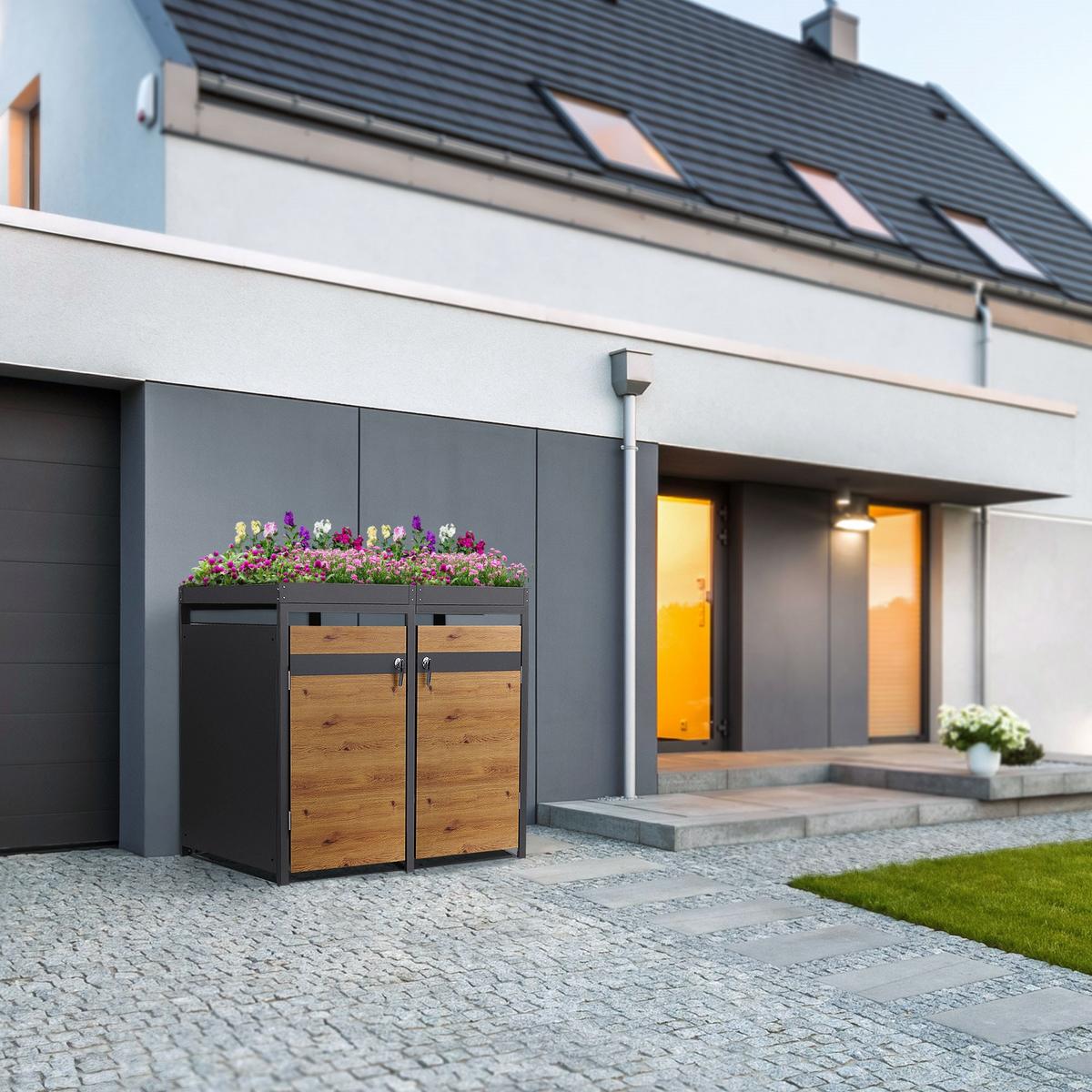 MÜLLTONNENBOX 4er mit Pflanzdach Anthrazit-Holzoptik - Braun, Metall (264/124/80cm) - ML-DESIGN