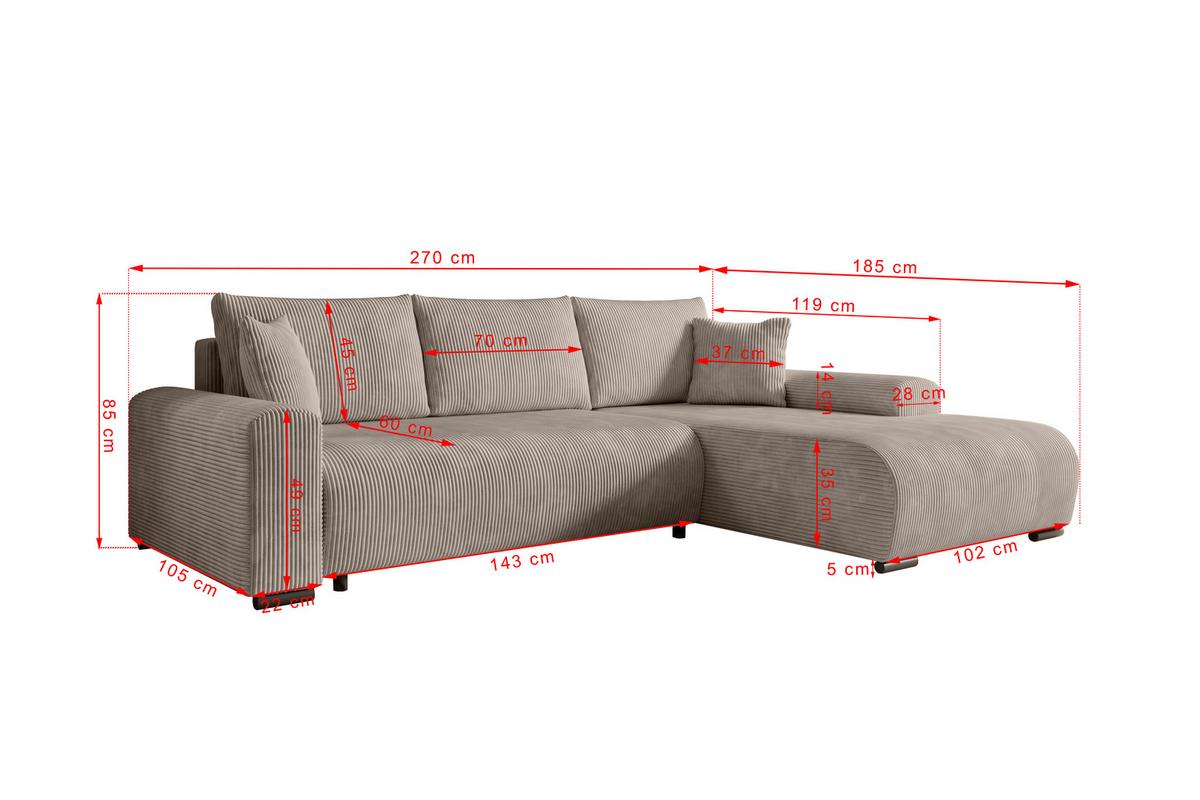 ECKSOFA Nelly mit Bettkasten und Schlaffunktion, Cordstoff in L-Form - Beige, Textil (270/185cm)