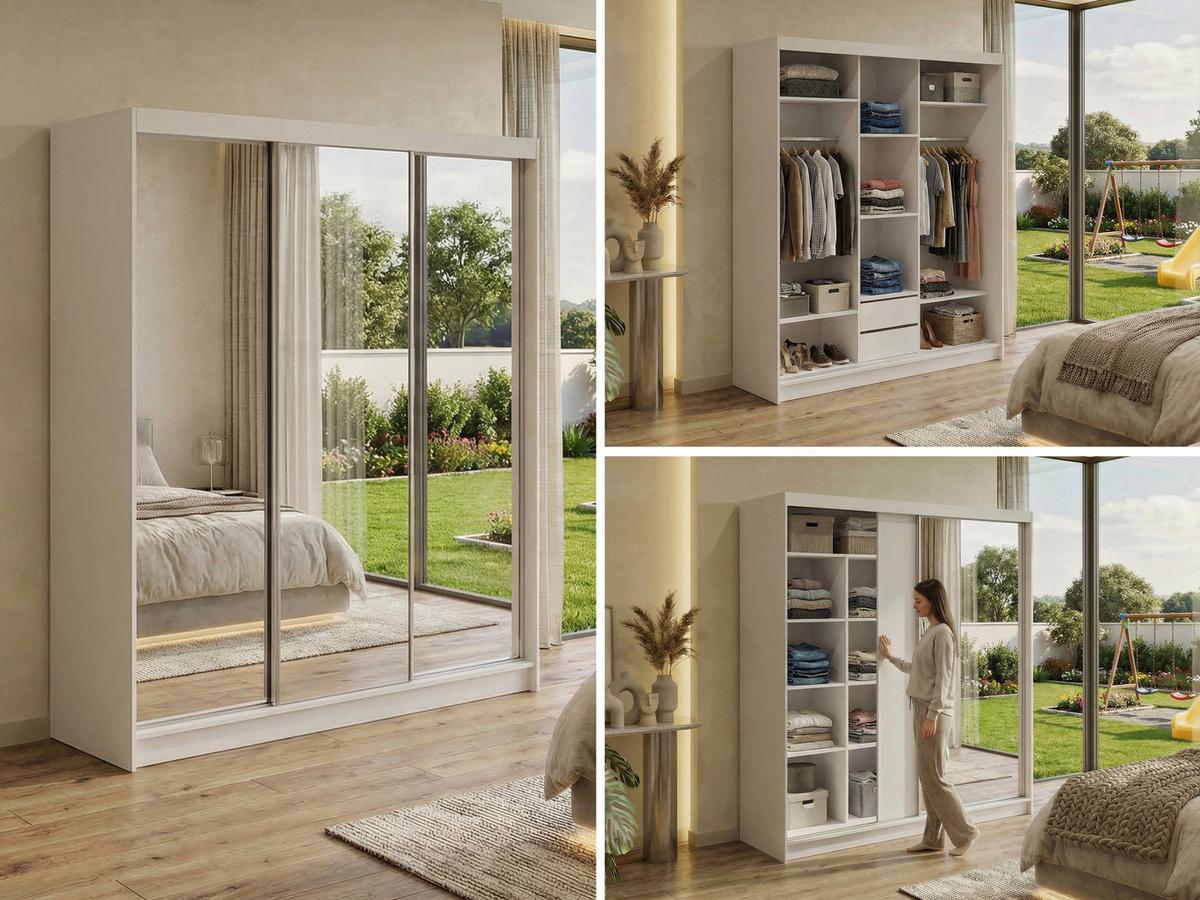 SCHWEBETÜRENSCHRANK mit Schubladen 180 - DUBROWNIK - Weiß mit Spiegel - Alufarben/Weiß, Holzwerkstoff/Metall (180/216/61cm) - MKS