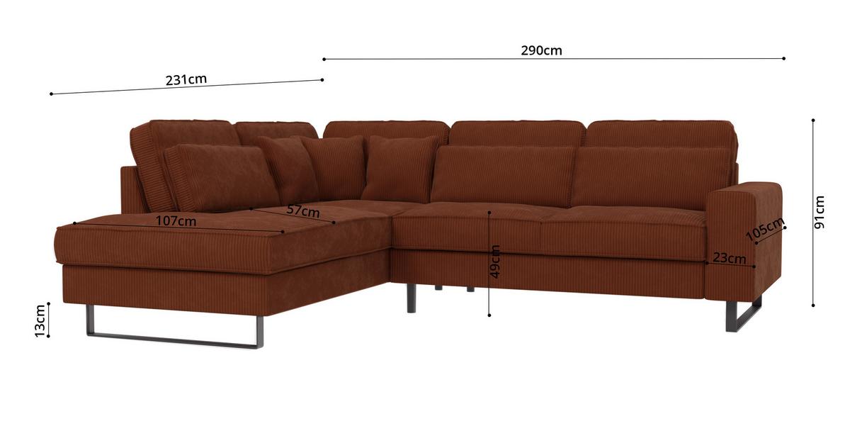 ECKSOFA Floe Terrakotta Cord - Terracotta/Schwarz, Holz/Kunststoff (290/231cm) - S-Style Möbel