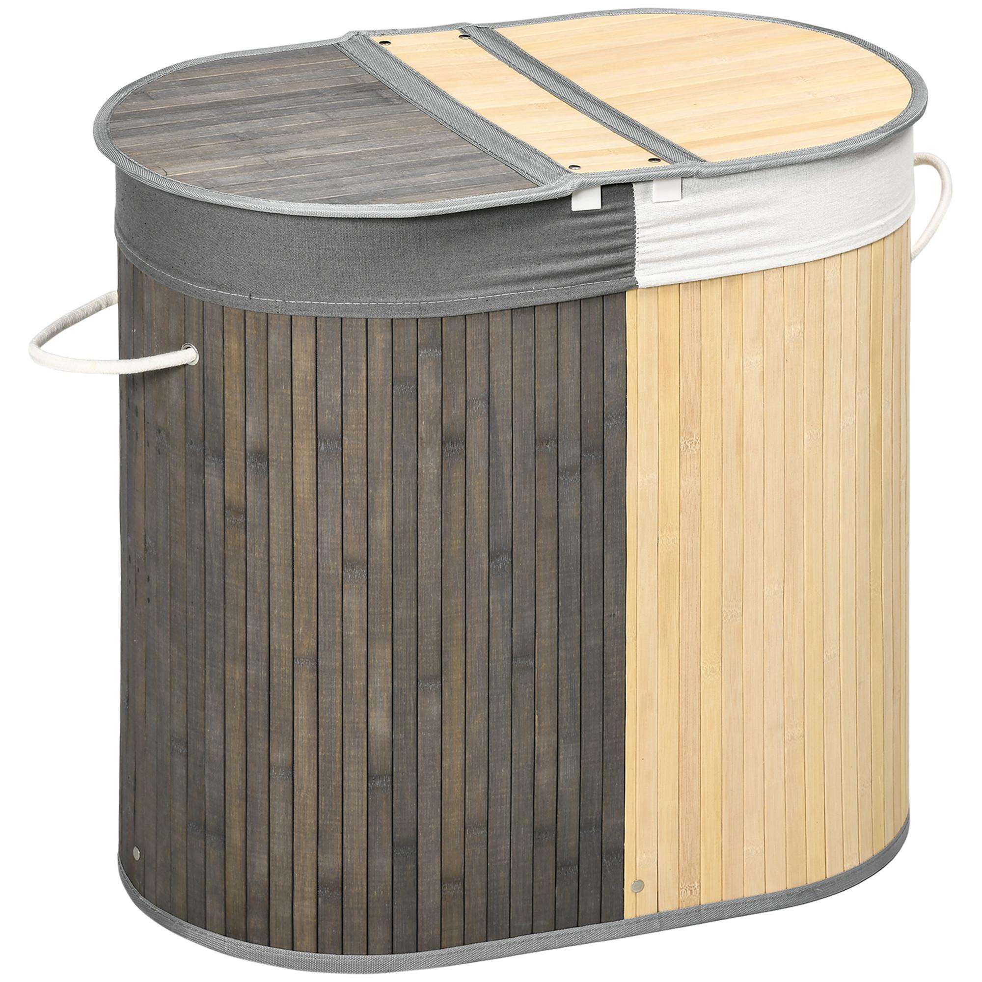 WÄSCHEKORB Bambus Grau Natur - Hellbraun, Naturmaterialien (37/60.5/62.5cm) - HOMCOM