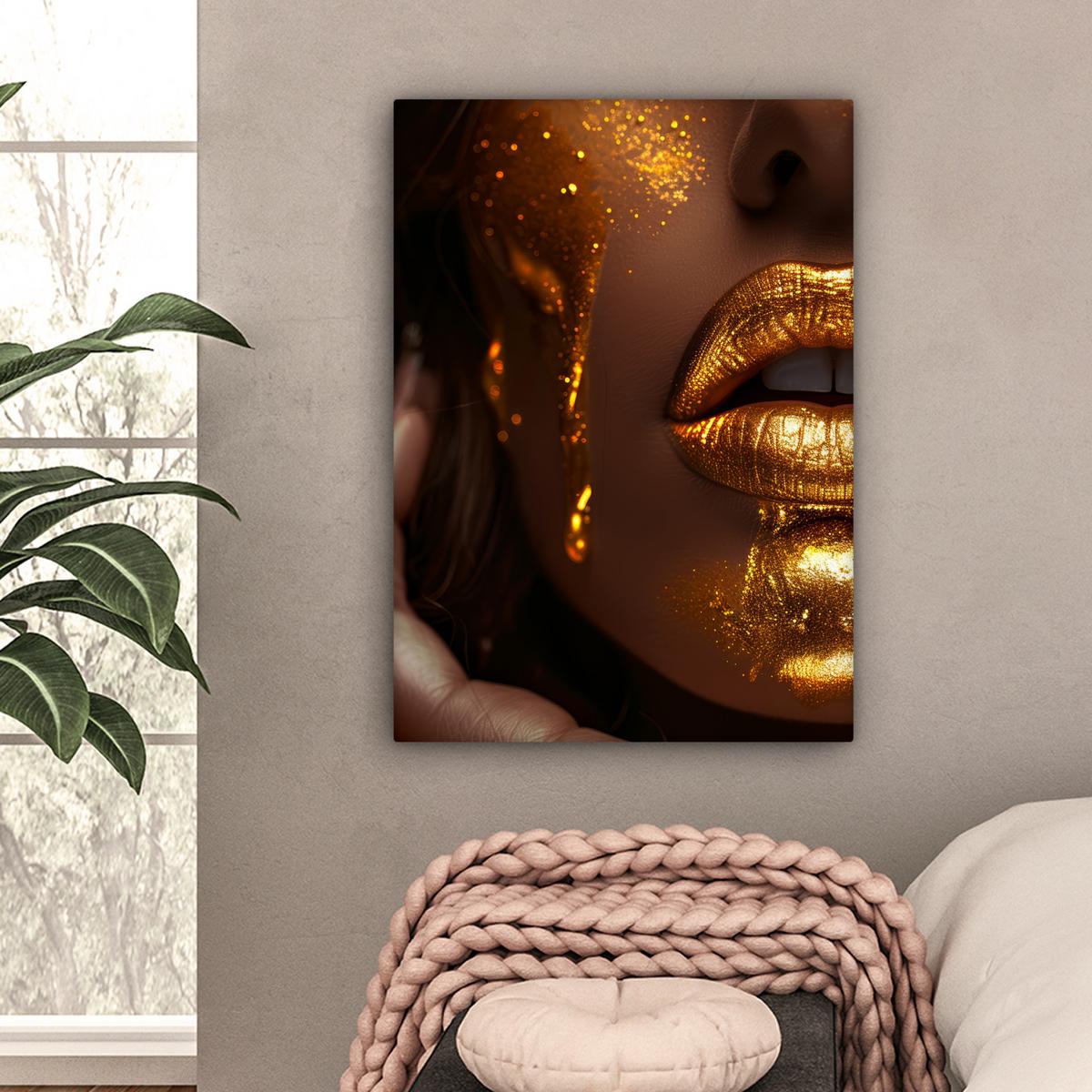 LEINWANDBILD Frau - Gold - Luxus - Porträt Wandbild Wohnzimmer 60x80 cm - Goldfarben, Textil (60/80cm) - MuchoWow
