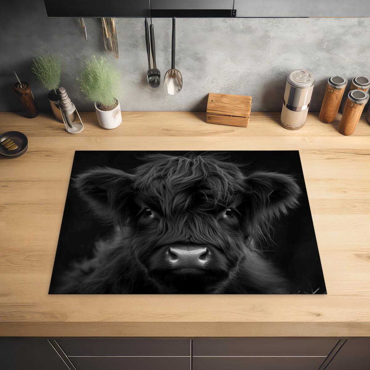 HERDABDECKPLATTE Scottish Highlander - Schwarz - Kalb - Kuh Induktionsmatte 71x52 cm - Schwarz, Kunststoff (71/52/0.2cm) - MuchoWow