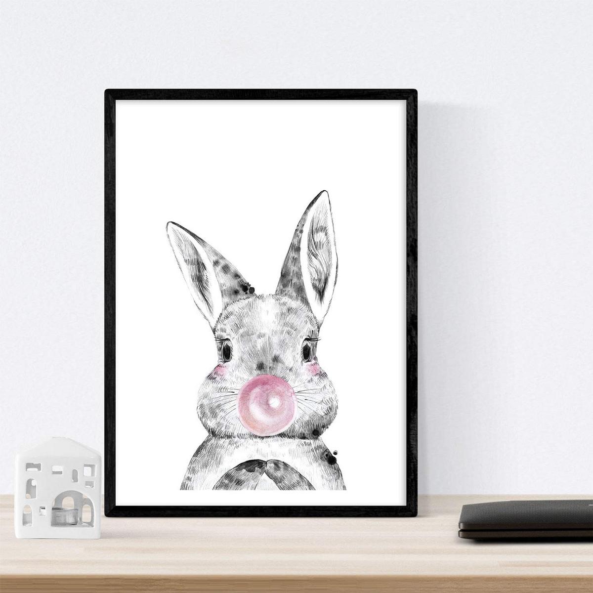 POSTER Set Mit 6 Tiere Babys Mit Kaugummi Hirschkuh Schweinefleisch Fuchs Eule Hund A4 Rahmenlos - Klar, Papier (29/3cm) - Nacnic