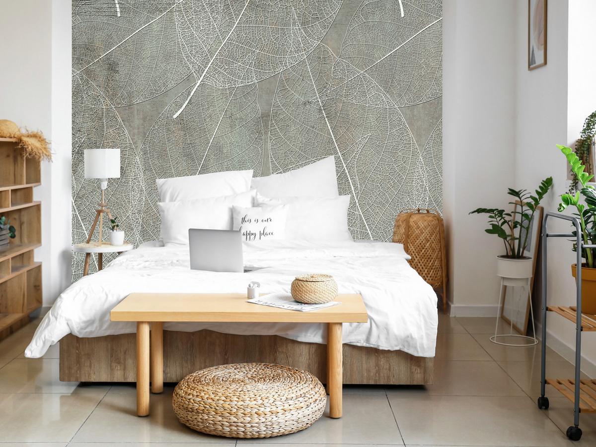 FOTOTAPETE für Schlafzimmer Weiße Blätter auf Beton 100x70 - Weiß/Grau, Papier (100/70cm) - Muralo